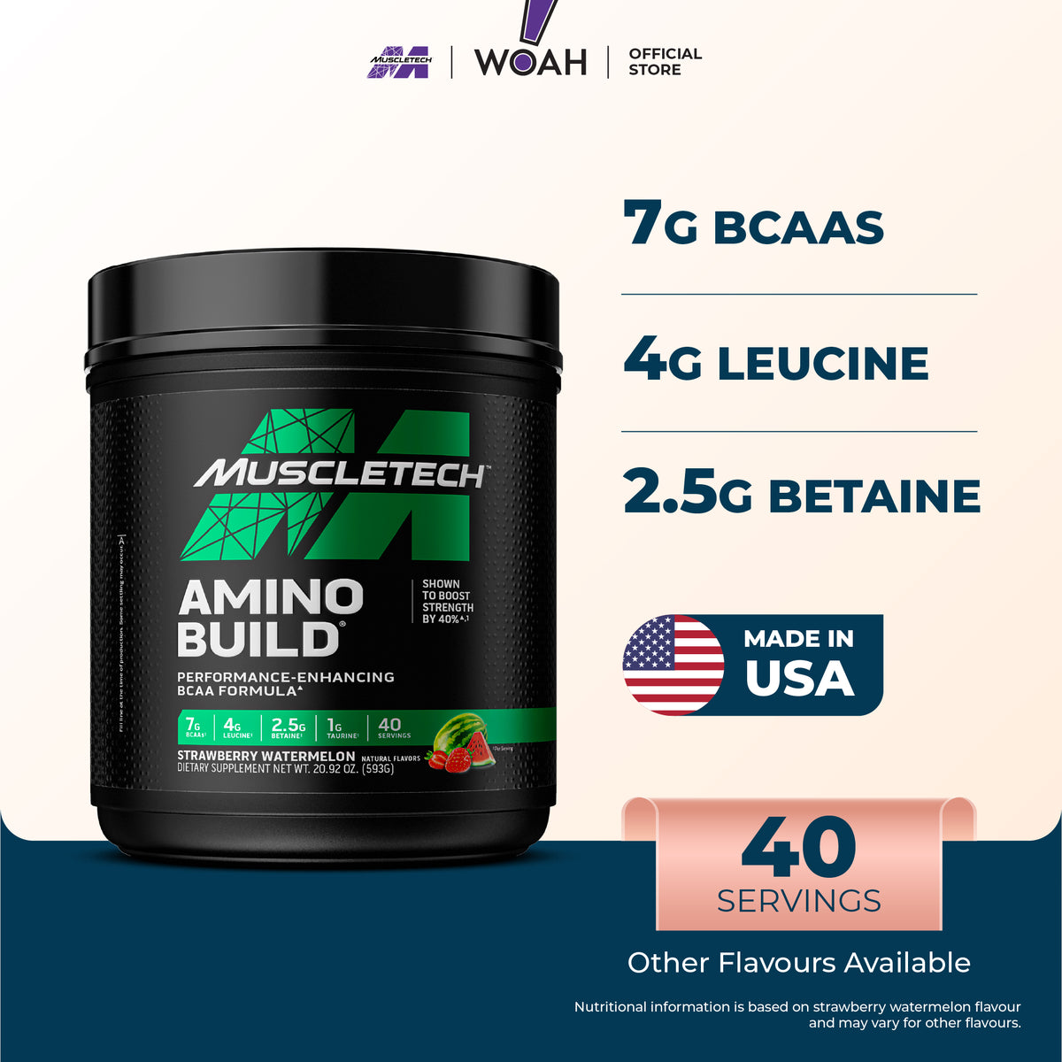 MuscleTech Amino Build BCAA Zero Sugar Sports Supplement 593g